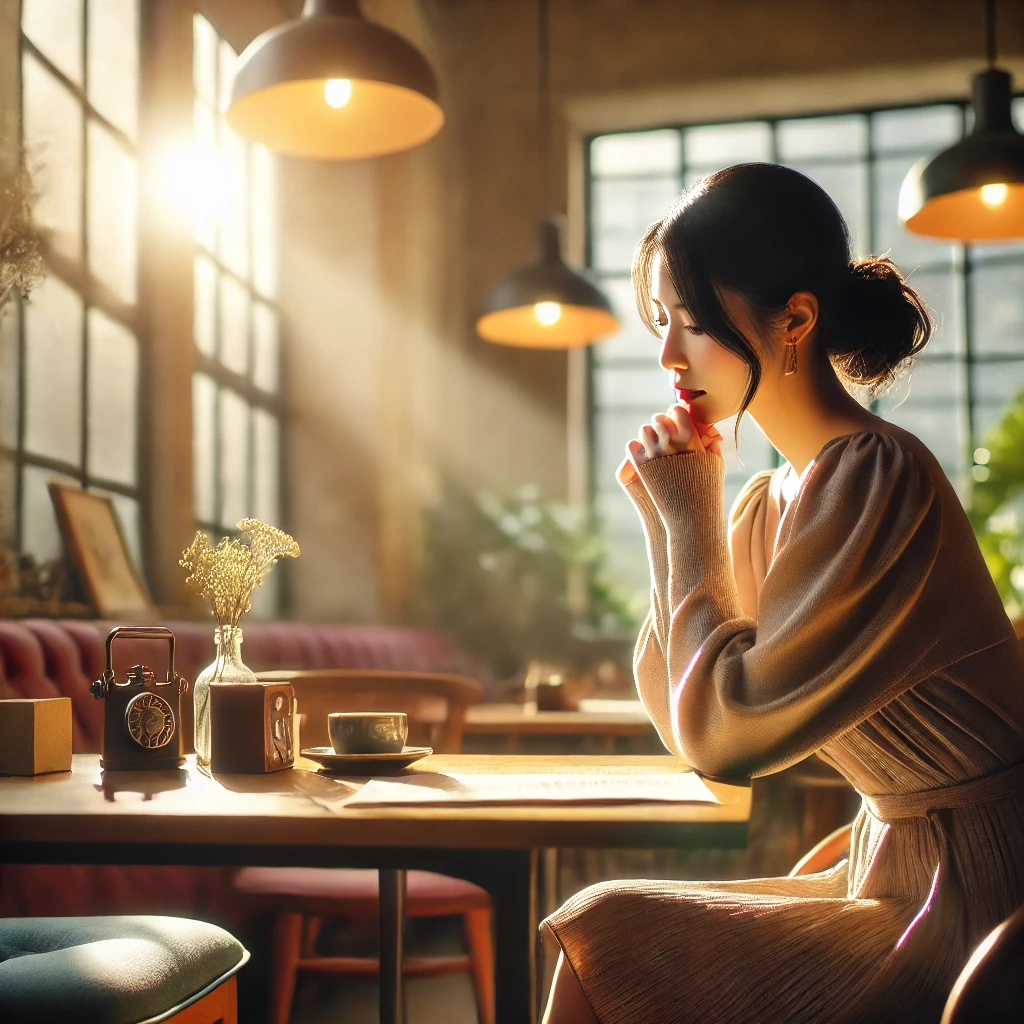 A-photo-style-illustration-featuring-a-Japanese-woman-in-a-thoughtful-pose-sitting-at-a-cozy-cafe-table-with-a-warm-and-serene-ambiance.-Natural-ligh.webp