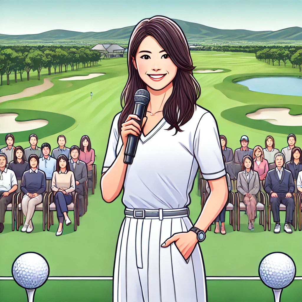 A-photo-style-illustration-of-a-Japanese-woman-giving-a-motivational-talk-at-a-golf-event-standing-on-a-stage-surrounded-by-a-green-golf-course-and-a.webp