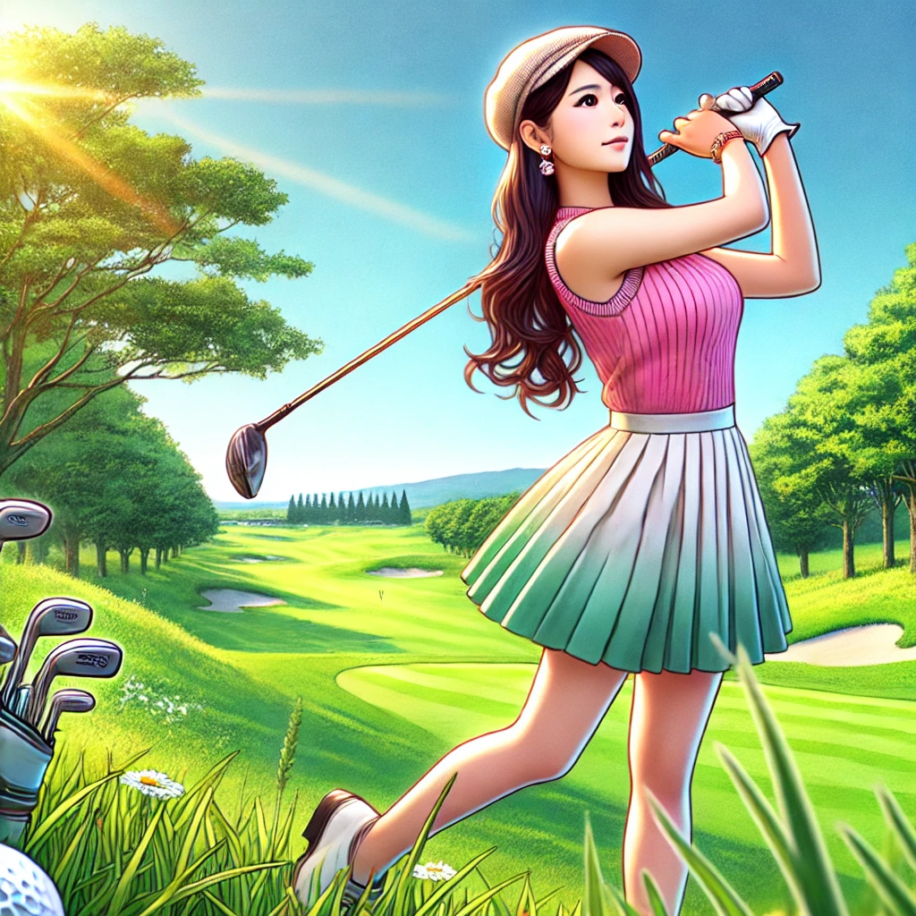 A-photo-style-illustration-of-a-Japanese-woman-playing-golf-on-a-sunny-day-dressed-in-a-stylish-and-colorful-golf-outfit.-She-is-captured-mid-swing-o.webp