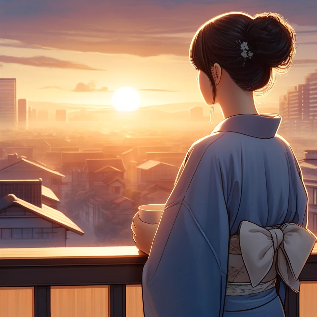 A-photo-style-illustration-of-a-Japanese-woman-standing-on-a-balcony-at-sunset-holding-a-cup-of-tea-while-gazing-thoughtfully-at-a-peaceful-cityscape.webp