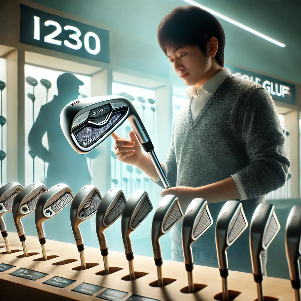 A-photo-realistic-image-of-a-Japanese-golfer-carefully-choosing-a-golf-iron-showcasing-the-i230-model-alongside-other-brands-emphasizing-the-importa.webp