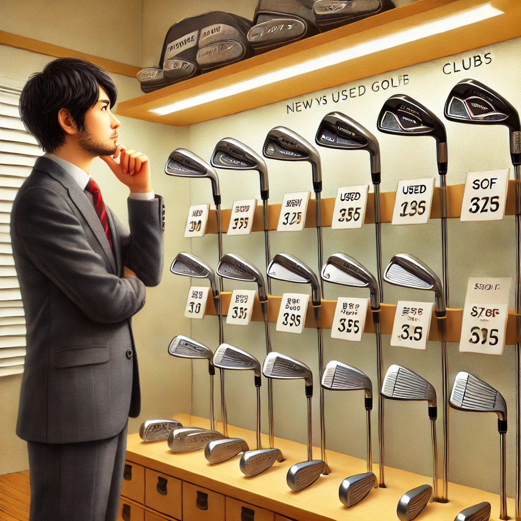 A-photo-realistic-image-of-a-Japanese-golfer-pondering-over-new-and-used-golf-clubs-with-a-mix-of-sleek-modern-golf-irons-and-slightly-worn-clubs-dis.webp