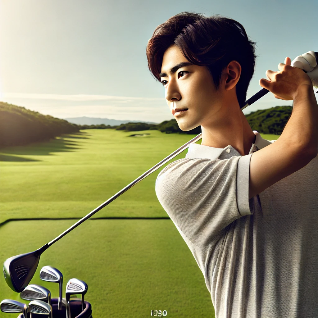 A-photo-realistic-image-of-a-Japanese-beginner-golfer-on-a-golf-course-practicing-with-an-i230-iron-club-showcasing-a-focused-swing-and-calm-surroun.webp