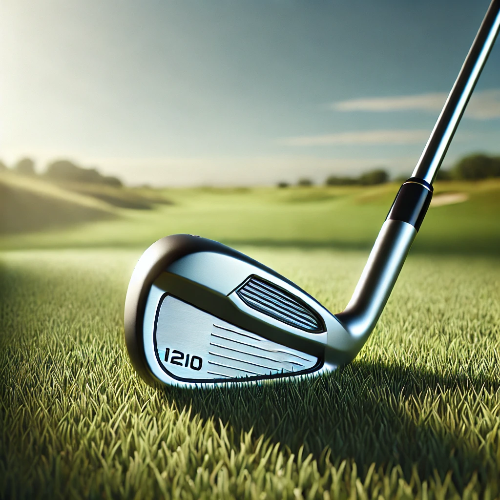 A-high-quality-photo-of-a-sleek-and-modern-golf-iron-club-specifically-i210-iron-lying-on-a-lush-green-fairway-under-clear-blue-skies-with-the-sun-.webp