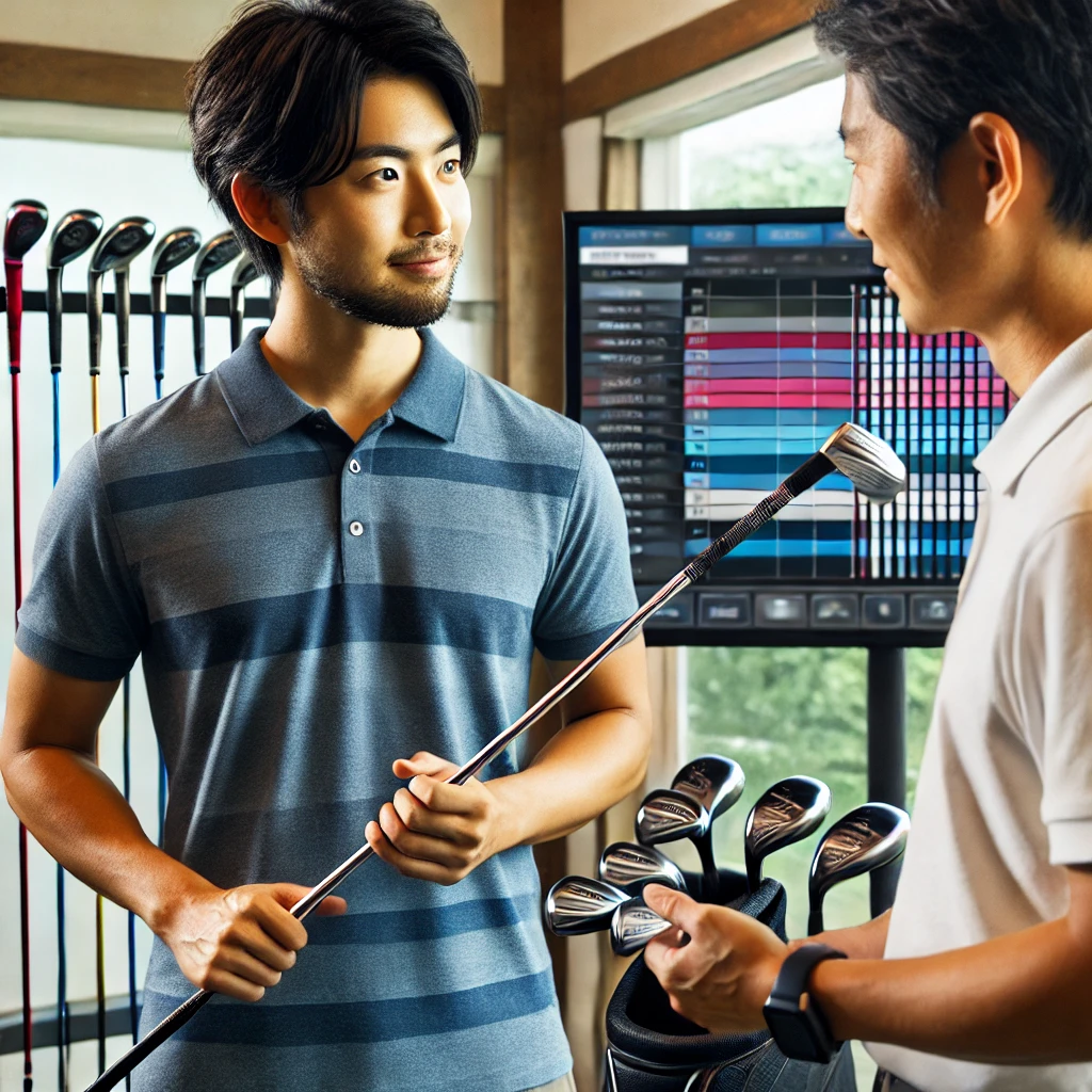 A-high-quality-photo-of-a-Japanese-golfer-in-a-fitting-center-holding-two-golf-shafts-with-different-weights-while-consulting-with-a-professional-fit.webp