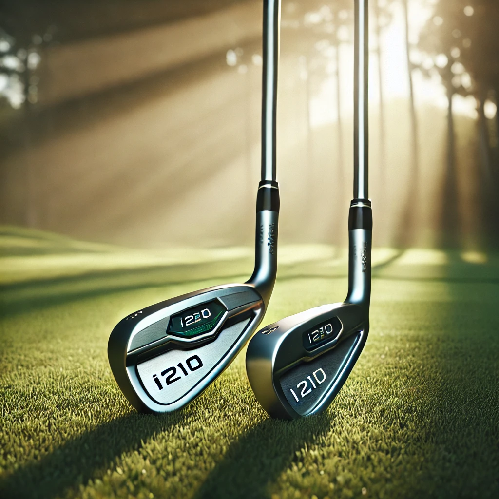 A-high-quality-photo-showcasing-two-i210-iron-golf-clubs-placed-side-by-side-on-a-golf-course-highlighting-the-subtle-differences-between-power-spec-.webp