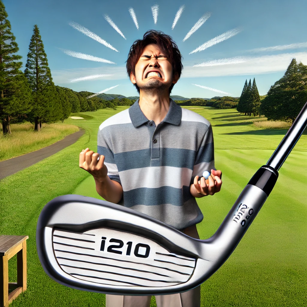 A-high-quality-photo-of-a-Japanese-golfer-experiencing-frustration-while-using-an-i210-iron-on-a-golf-course-showcasing-their-posture-and-facial-expr.webp