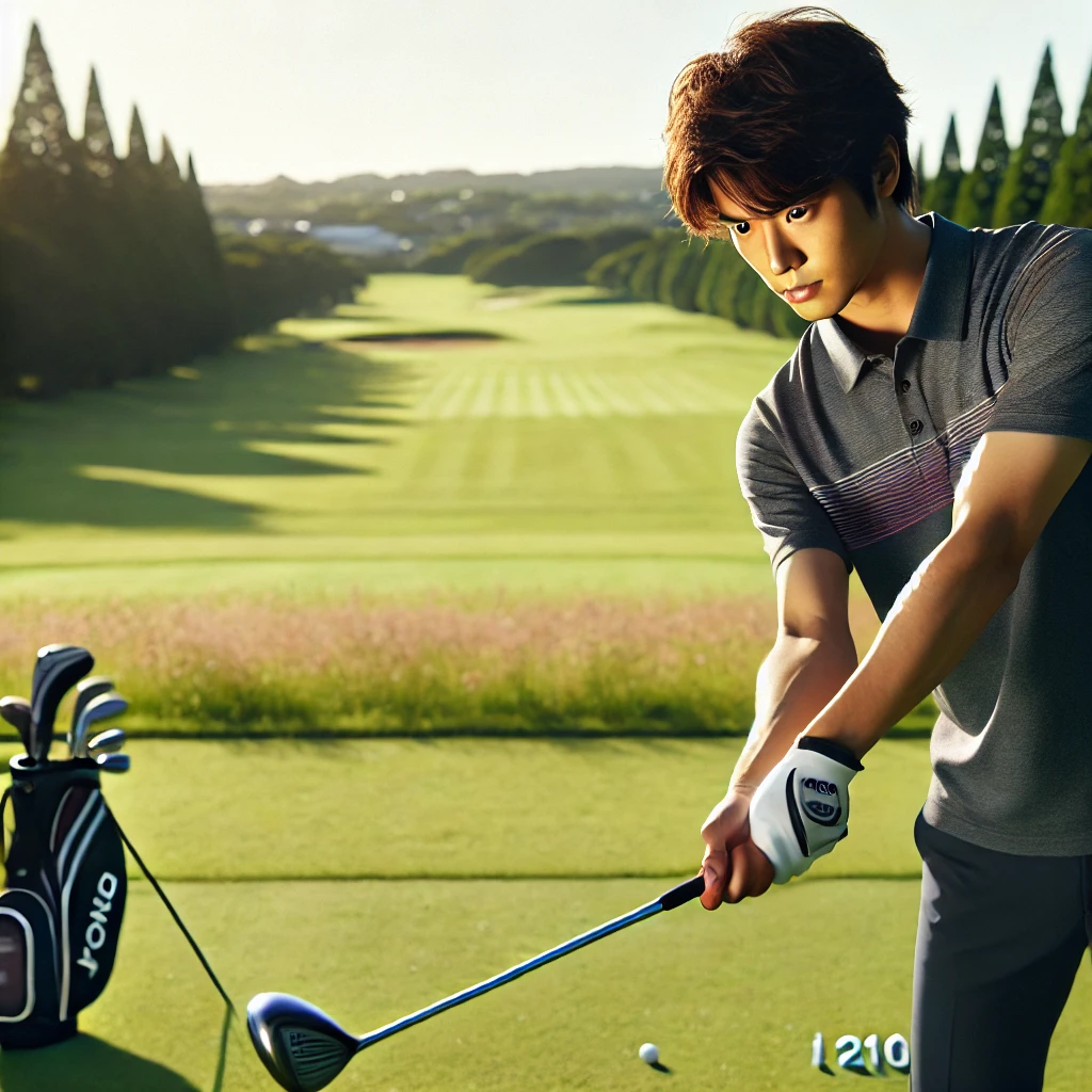 A-high-quality-photo-of-a-Japanese-golfer-practicing-with-an-i210-iron-on-a-sunny-golf-course-focusing-on-their-determined-expression-and-precise-sta.webp