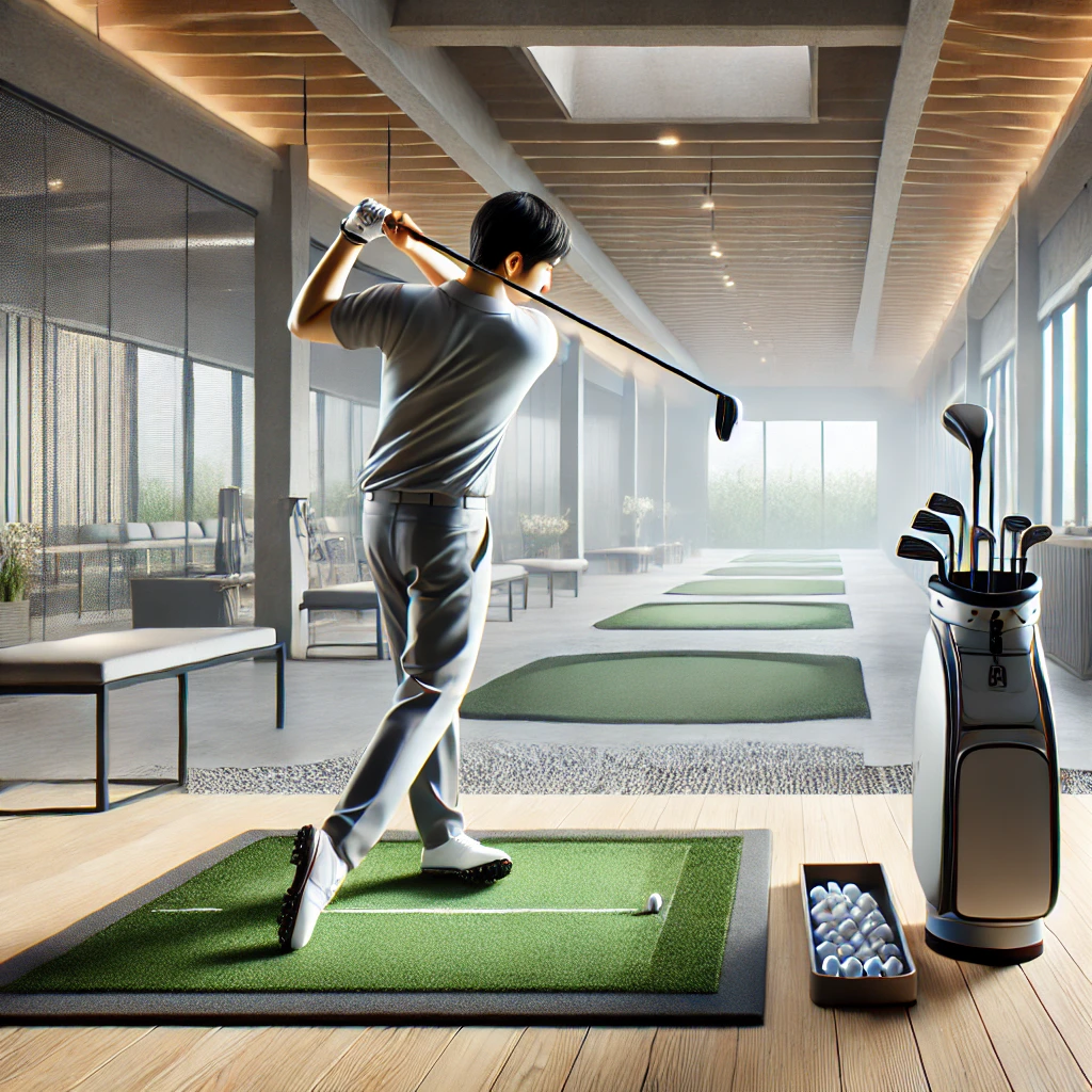 A-realistic-and-high-quality-photograph-of-a-Japanese-golfer-practicing-at-a-modern-indoor-golf-training-facility-focusing-on-swing-techniques-with-a.webp