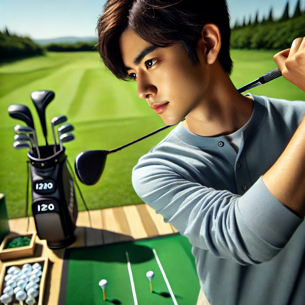 A-high-quality-realistic-photo-of-a-Japanese-beginner-golfer-practicing-with-an-i210-iron-on-a-green-practice-field.-The-golfer-is-focusing-intently-o.webp