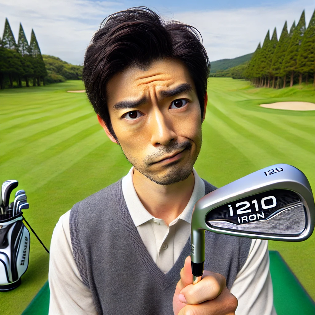 A-realistic-high-quality-photo-of-a-Japanese-golfer-looking-slightly-puzzled-while-holding-an-i210-iron-golf-club-on-a-lush-green-practice-field-symb.webp