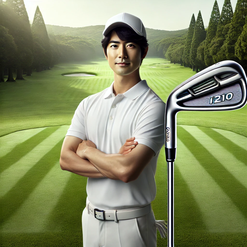 A-Japanese-golfer-holding-an-i210-iron-golf-club-confidently-on-a-golf-course-surrounded-by-a-serene-green-fairway.-The-golfer-appears-skilled-repre.webp