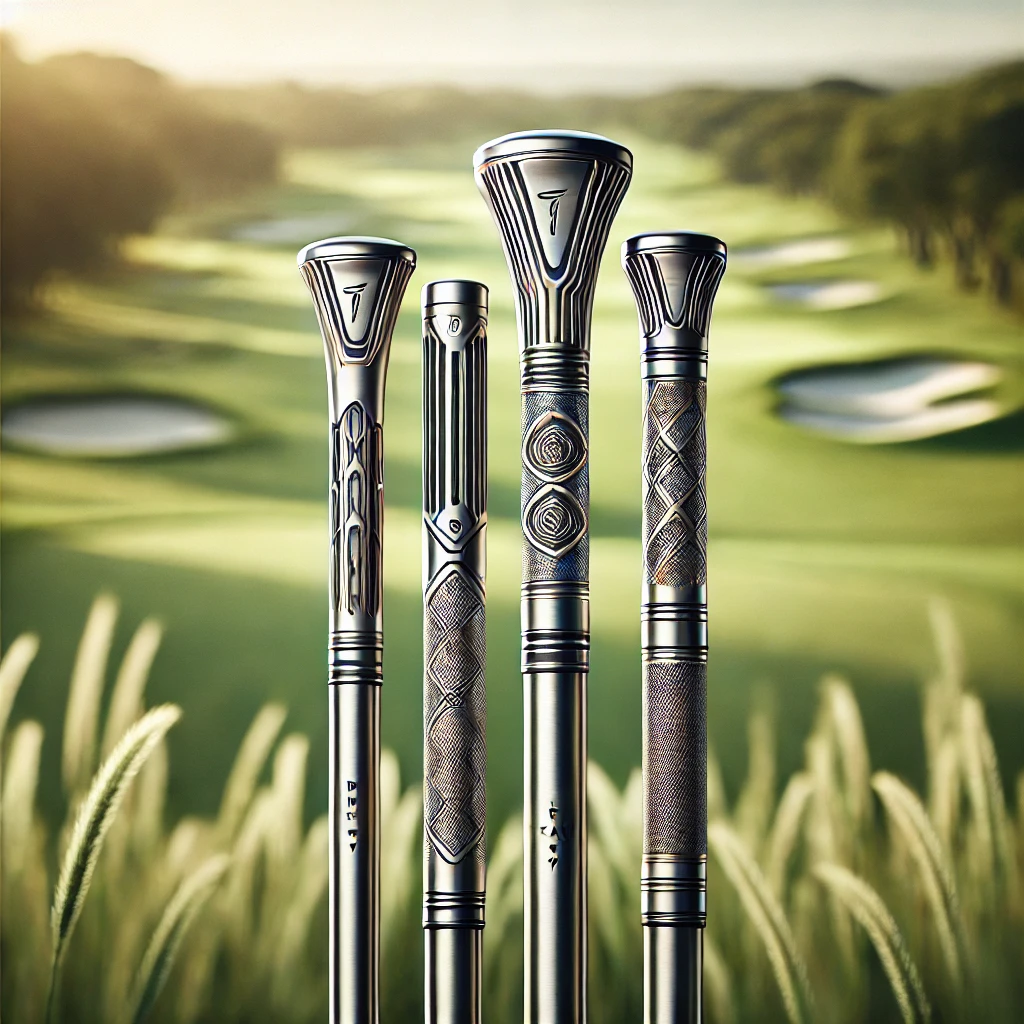 A-professional-photograph-of-three-premium-golf-club-shafts-inspired-by-TRAVIL-arranged-neatly-in-a-diagonal-pattern-on-a-manicured-green-golf-cours.webp