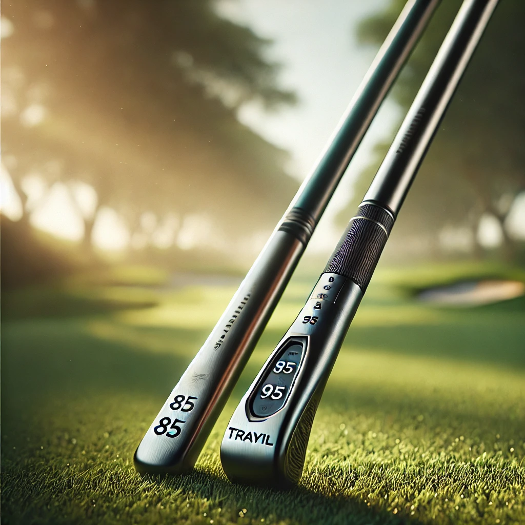 A-professional-photograph-showcasing-two-premium-golf-shafts-inspired-by-TRAVIL-representing-the-85-and-95-models-placed-diagonally-on-a-lush-golf.webp