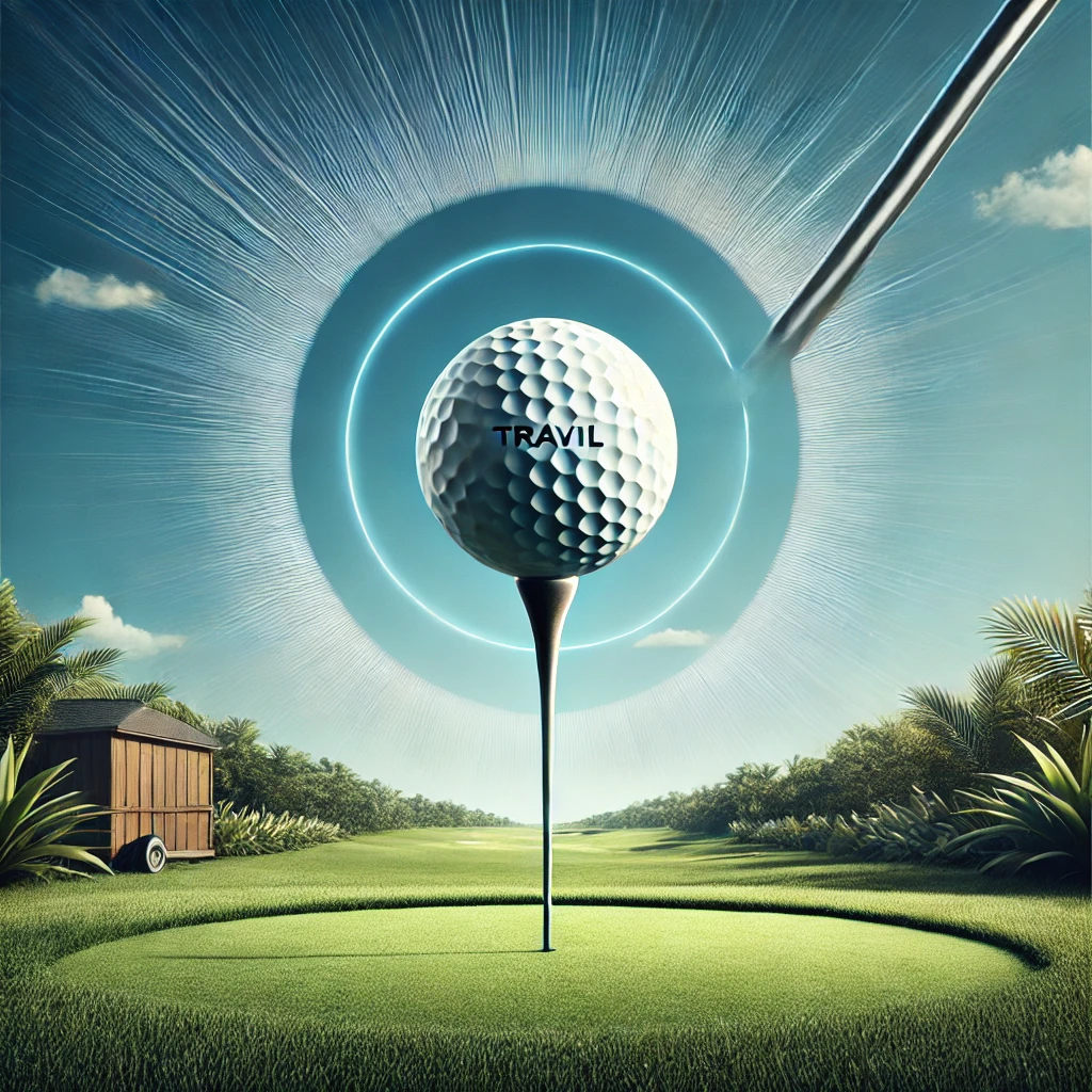 A-professional-photograph-illustrating-a-TRAVIL-shaft-mid-shot-with-a-golf-ball-in-flight-against-a-clear-blue-sky.-The-image-is-designed-to-address-.webp