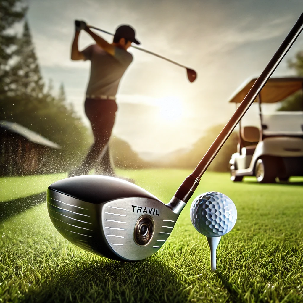 A-dynamic-photograph-featuring-a-TRAVIL-shaft-attached-to-a-driver-positioned-on-a-golf-tee-with-a-ball.-The-scene-captures-the-club-mid-swing-with-.webp