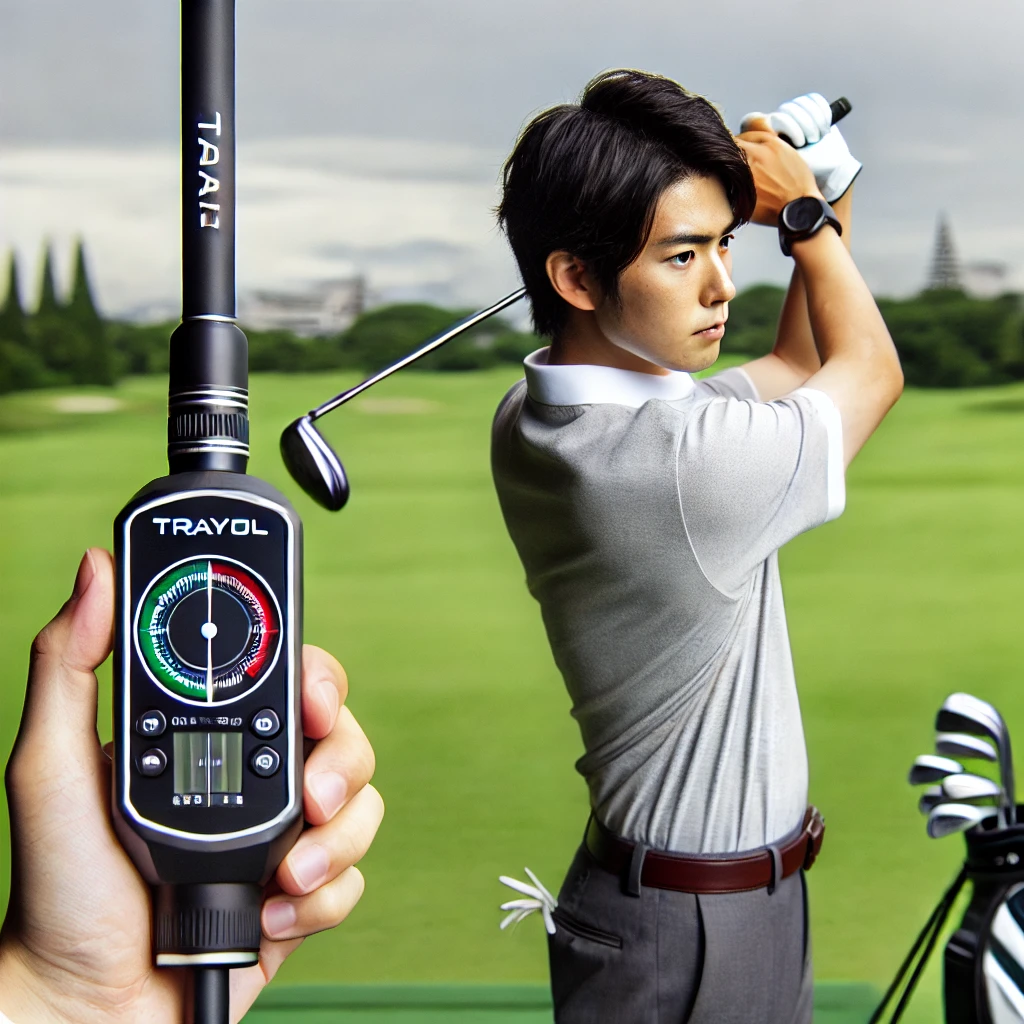 A-professional-photograph-showing-a-Japanese-golfer-using-a-TRAVIL-shaft-with-a-swing-speed-analyzer-device-in-the-background.-The-golfer-is-on-a-pra.webp