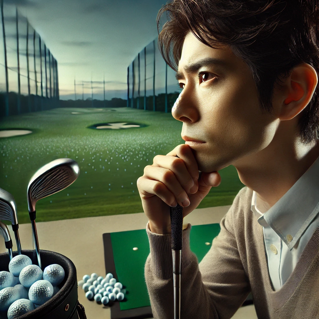 A-photo-realistic-image-of-a-Japanese-golfer-at-a-driving-range-at-twilight-looking-contemplative-while-holding-a-golf-club.-The-scene-emphasizes-the.webp