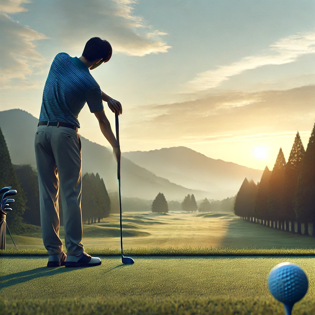 A-photo-realistic-image-of-a-Japanese-golfer-stretching-on-a-golf-course-in-a-calm-morning-setting.-The-golfer-appears-focused-with-distant-mountains.webp