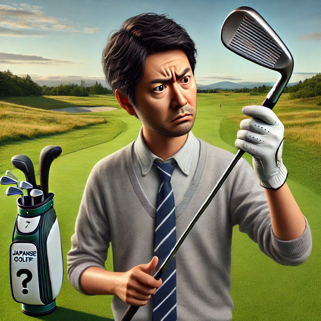 A-photo-realistic-image-depicting-a-Japanese-golfer-standing-on-a-golf-course-holding-an-iron-club-and-looking-perplexed-while-inspecting-the-head-of.webp