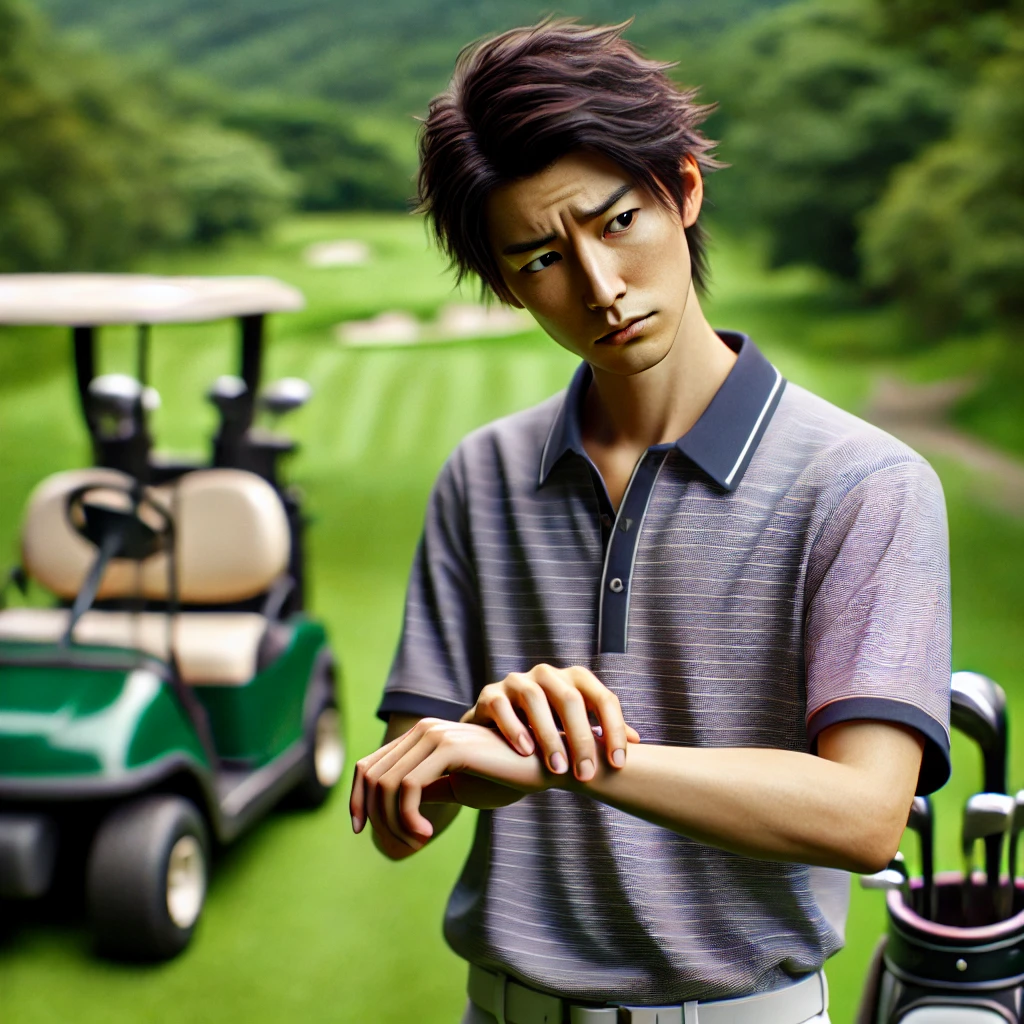 A-photo-realistic-image-capturing-a-Japanese-golfer-looking-concerned-while-examining-their-wrist-standing-on-a-golf-course.-The-environment-is-lush-.webp