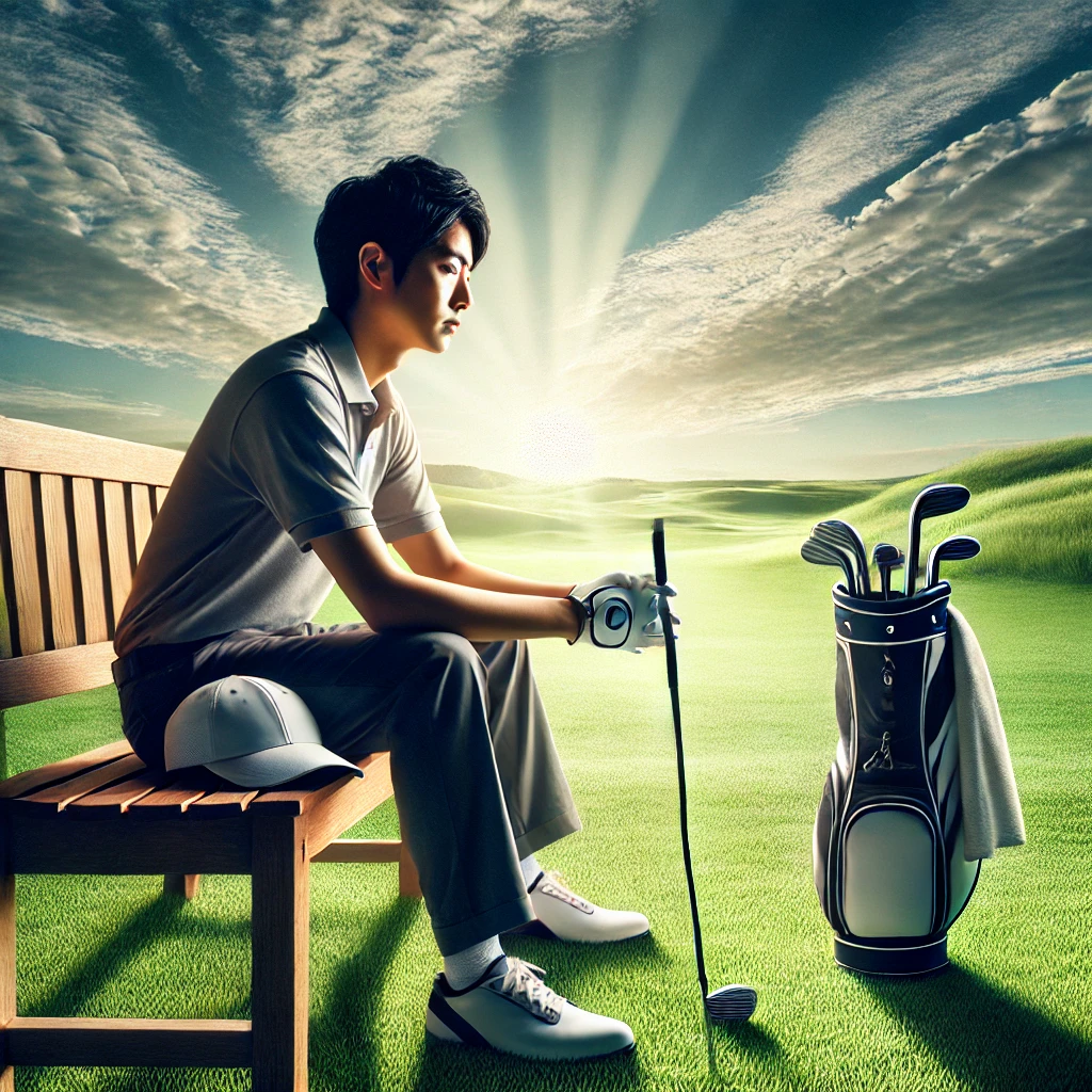 A-photo-realistic-image-of-a-Japanese-golfer-in-a-moment-of-contemplation-on-a-golf-course-sitting-on-a-bench-with-a-serene-and-reflective-expression.webp