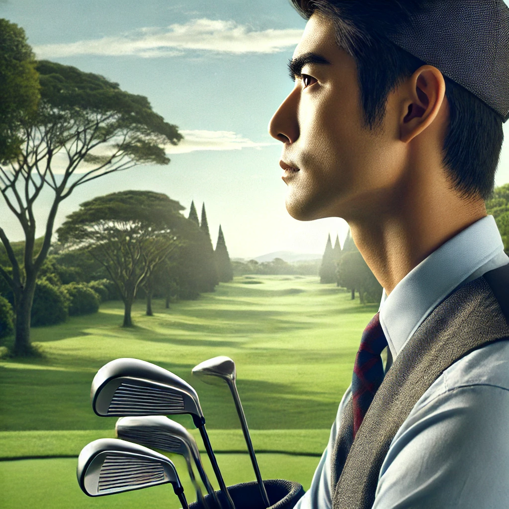 A-photo-realistic-image-depicting-a-Japanese-golfer-in-a-reflective-and-thoughtful-pose-on-a-lush-green-golf-course-symbolizing-introspection-about-t.webp