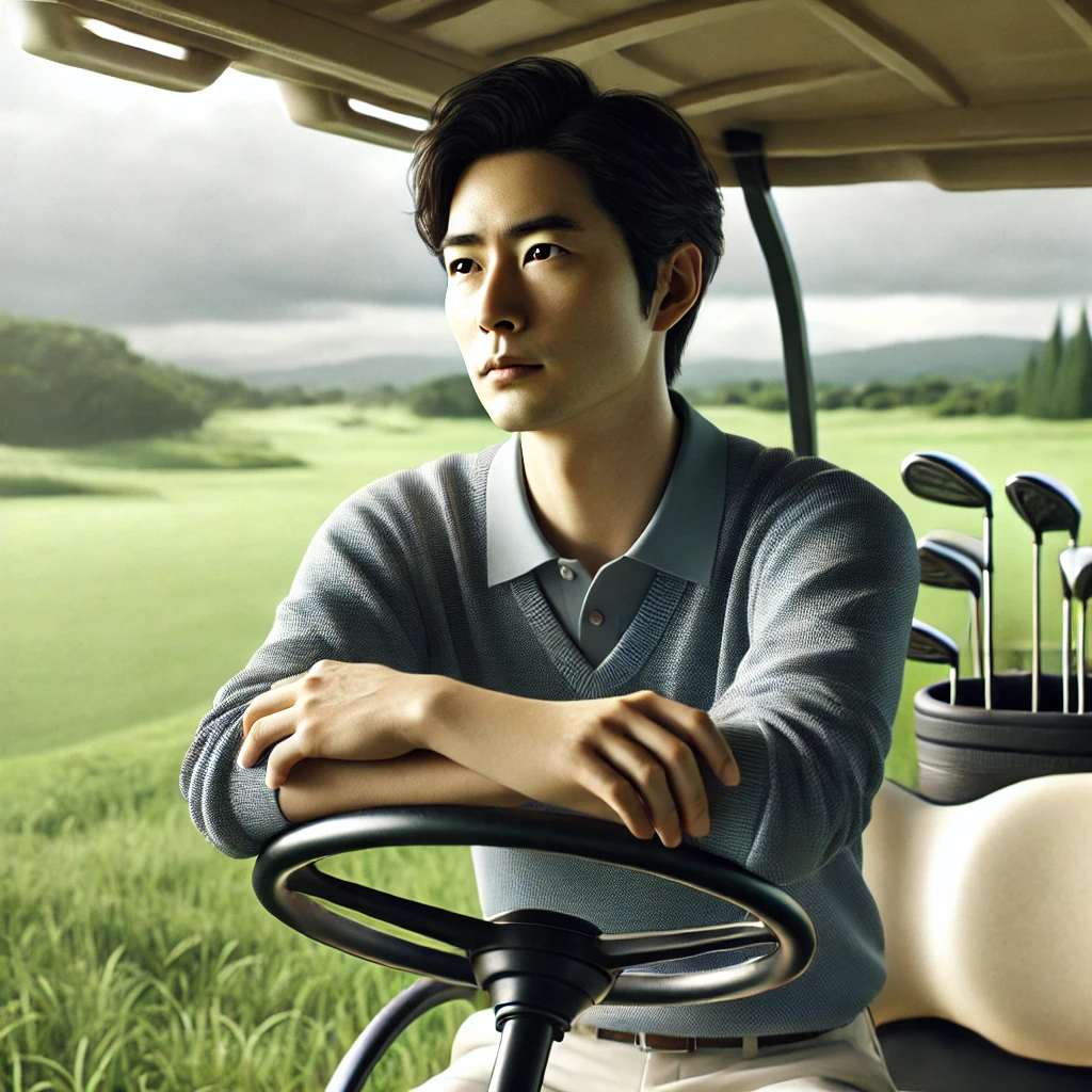 A-photo-realistic-image-of-a-Japanese-golfer-sitting-on-a-golf-cart-in-a-peaceful-slightly-cloudy-golf-course-looking-thoughtful-and-reflective.-The.webp