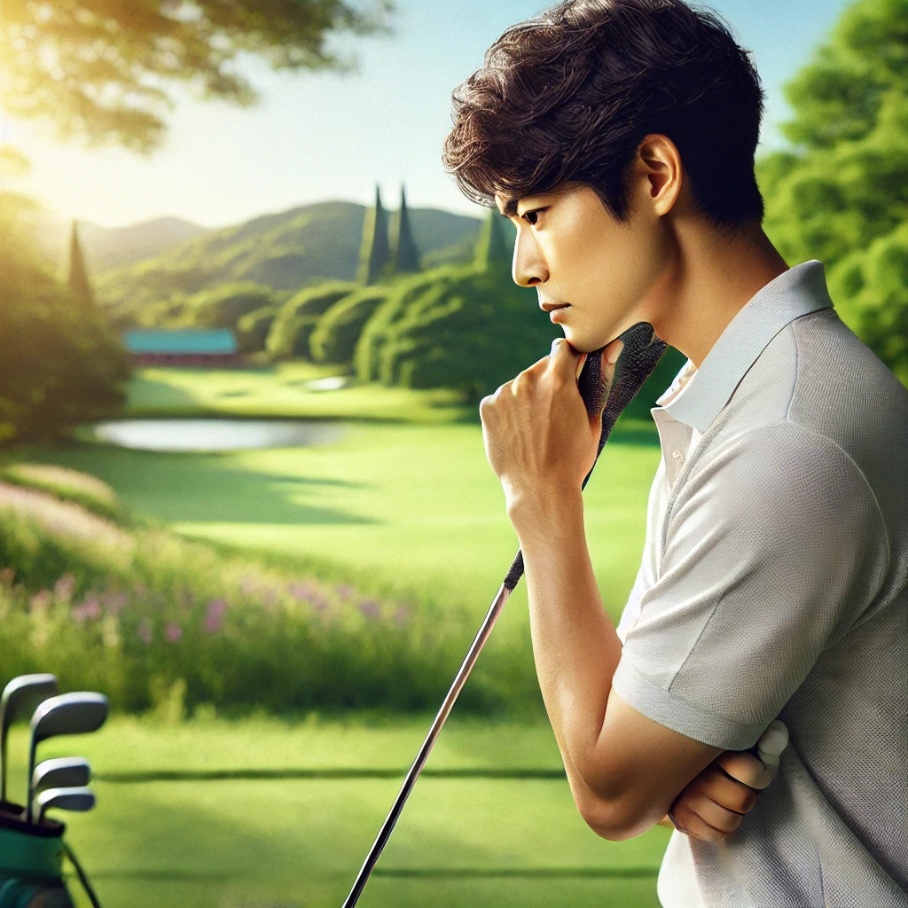 A-photo-realistic-image-of-a-Japanese-golfer-thoughtfully-practicing-golf-techniques-in-a-serene-outdoor-setting.-The-golfer-is-in-a-reflective-pose-.webp