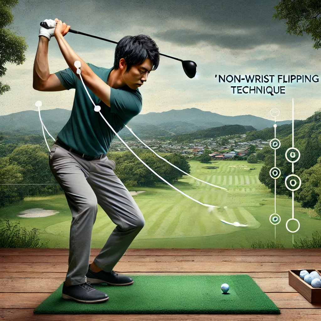 A-realistic-photograph-illustrating-the-compatibility-of-a-golf-swing-with-a-non-wrist-flipping-technique.-The-image-shows-a-Japanese-golfer-in-mid-.webp