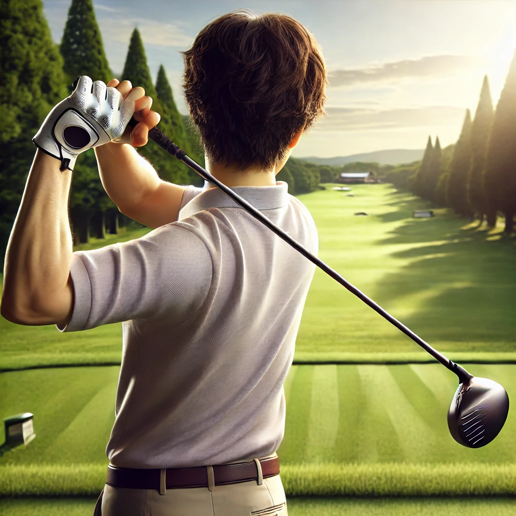 A-realistic-photograph-showing-a-Japanese-golfer-using-a-driver-with-a-strong-grip-on-a-sunny-golf-course.-The-golfer-is-in-a-mid-swing-position-focu.webp