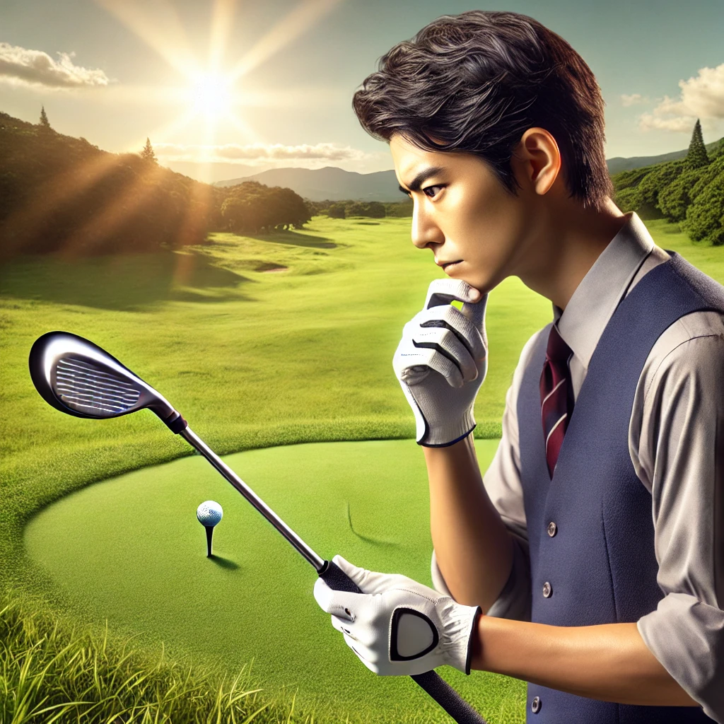 A-realistic-photograph-depicting-a-Japanese-golfer-considering-a-specific-situation-to-adopt-a-strong-grip-on-the-golf-course.-The-golfer-is-seen-stra.webp