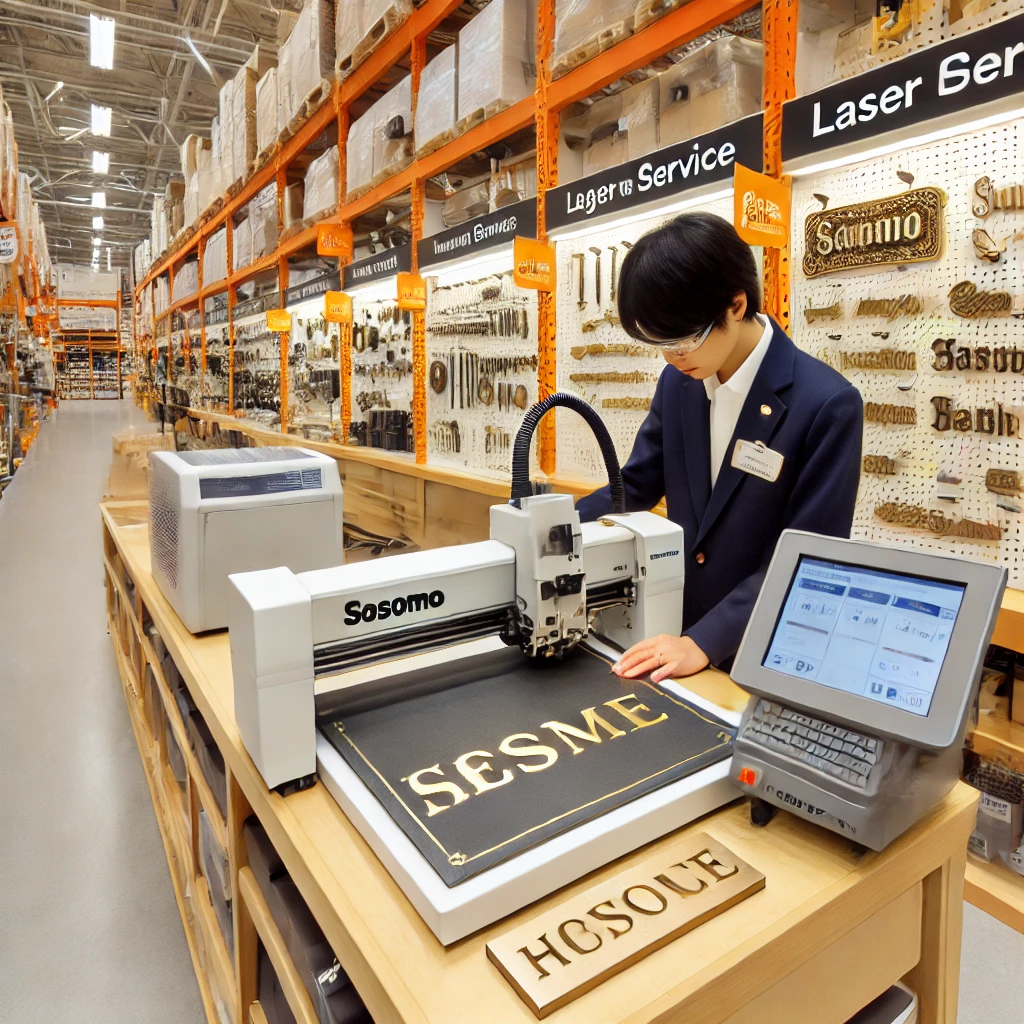 A-bright-and-well-organized-home-improvement-store-aisle-with-a-dedicated-engraving-service-area.-A-Japanese-staff-member-operates-a-laser-engraving-m.webp