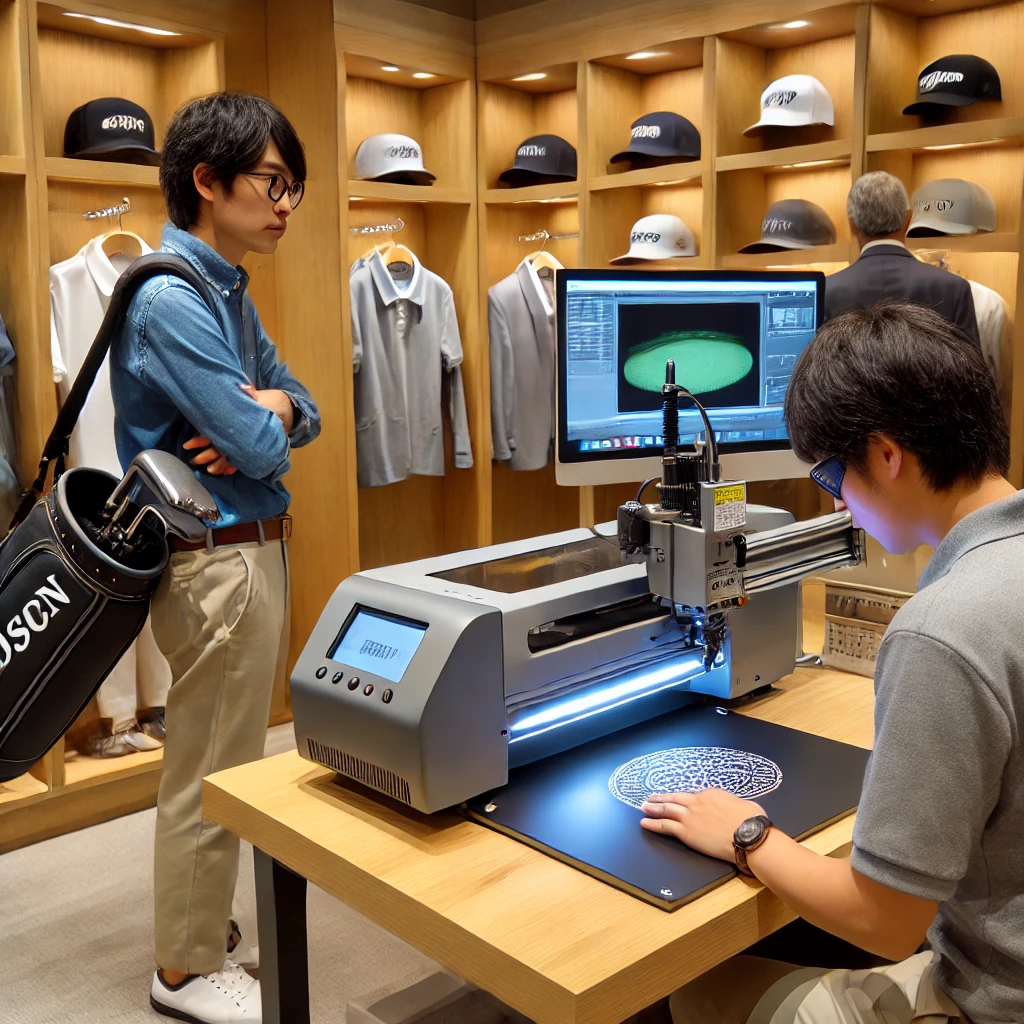 A-busy-scene-at-a-professional-golf-store-with-a-laser-engraving-machine-actively-engraving-a-metallic-nameplate.-A-Japanese-customer-waits-nearby-ob.webp