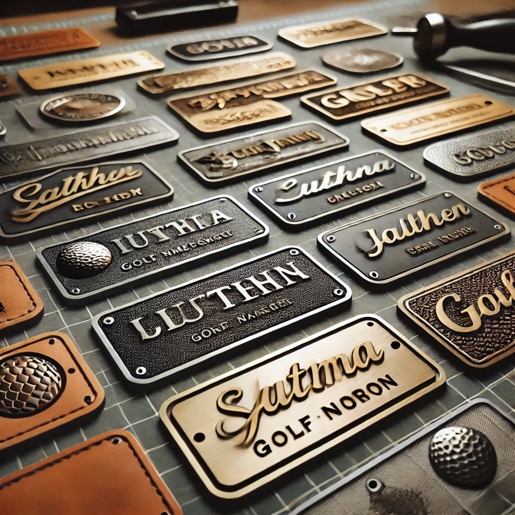 A-close-up-photo-of-various-golf-nameplates-made-from-different-materials-metal-leather-acrylic-displayed-on-a-professional-crafting-table.-Each-.webp