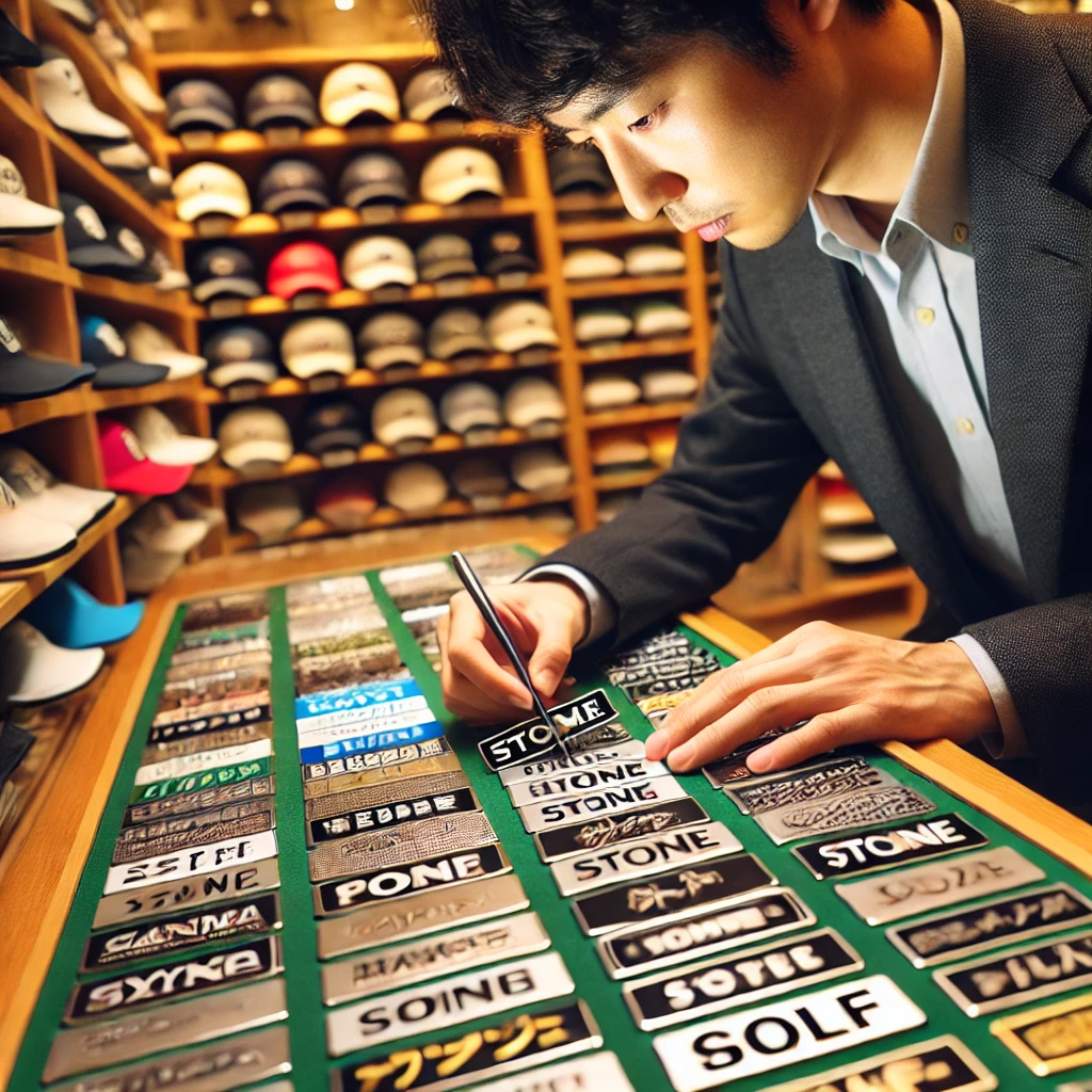 A-close-up-photo-of-a-Japanese-shopper-carefully-examining-a-variety-of-nameplate-materials-and-designs-at-a-golf-specialty-store.-The-scene-emphasize.webp