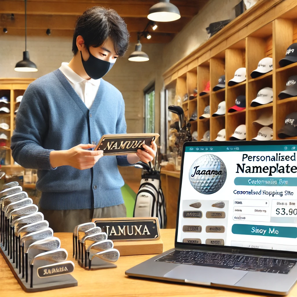 A-side-by-side-comparison-scene-with-a-golf-specialty-store-and-a-laptop-showing-an-online-shopping-site-for-personalized-nameplates.-The-store-sectio.webp