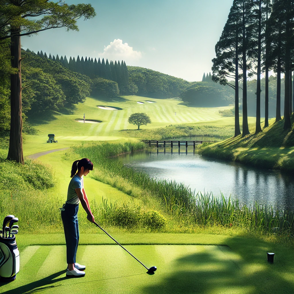 A-picturesque-golf-course-during-midday-with-a-Japanese-female-golfer-preparing-to-swing-near-the-tee-box.-The-scene-features-lush-green-grass-a-sma.webp