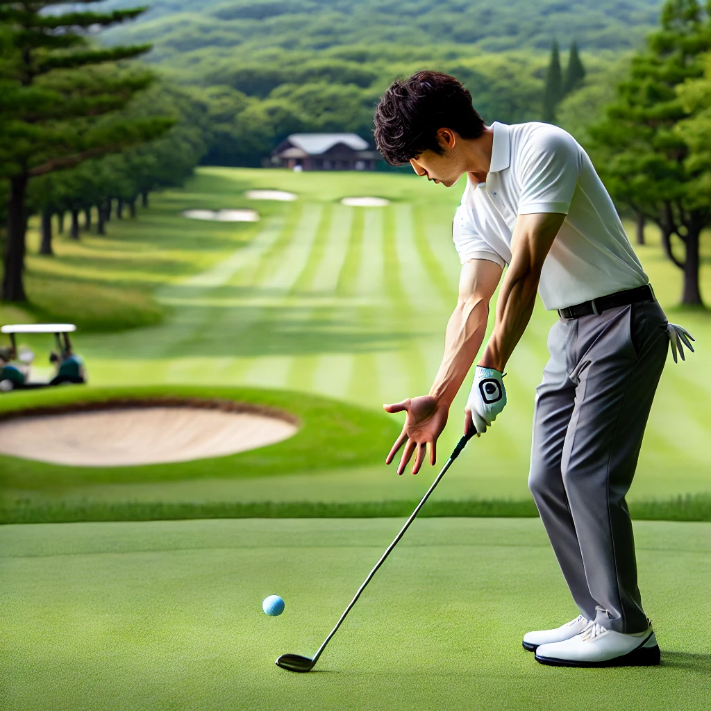 A-Japanese-golfer-intentionally-using-a-controlled-wrist-flip-during-a-short-approach-shot-highlighting-how-flipping-can-sometimes-be-useful.-The-set.webp