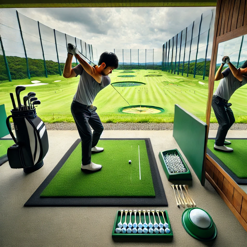 A-Japanese-golfer-practicing-three-specific-drills-on-a-professional-driving-range_-using-an-impact-bag-high-tee-positions-and-a-mirror-for-form-cor.webp