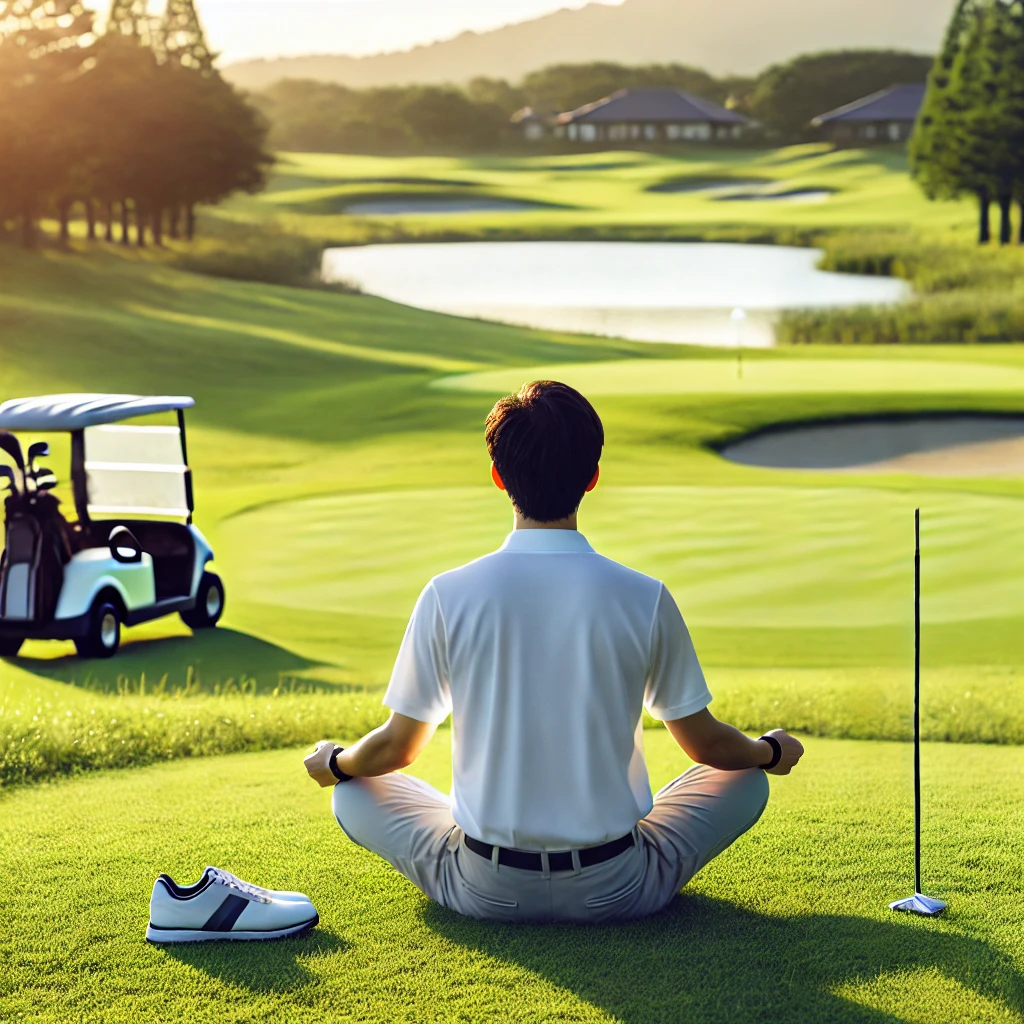 A-Japanese-golfer-practicing-mindfulness-and-relaxation-techniques-on-a-serene-golf-course.-The-golfer-is-seated-near-the-fairway-meditating-to-impro.webp