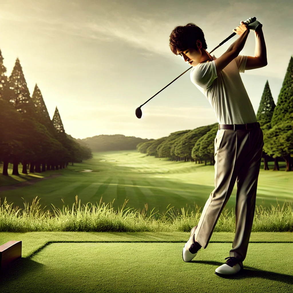 A-Japanese-golfer-practicing-a-smooth-and-fluid-swing-on-a-lush-golf-course-emphasizing-proper-form-to-prevent-wrist-flipping.-The-golfer-is-in-mid-a.webp