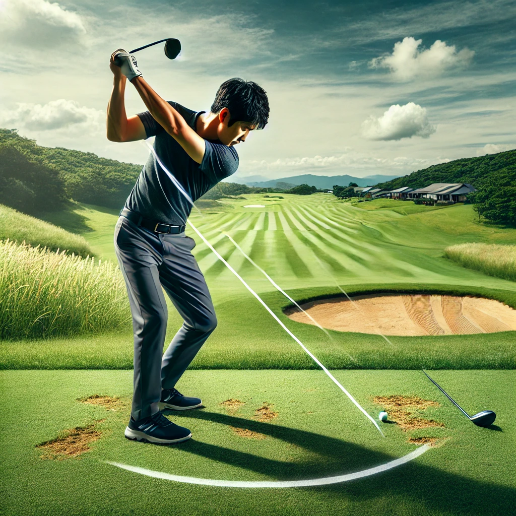 A-Japanese-golfer-practicing-proper-body-movement-to-prevent-wrist-flipping-during-a-swing.-The-golfer-is-captured-in-mid-action-showing-an-engaged-p.webp