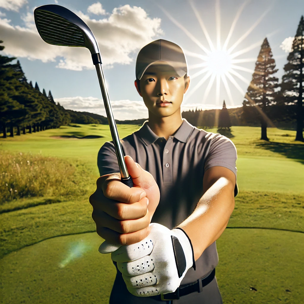 A-high-quality-realistic-photograph-of-a-Japanese-golfer-on-a-golf-course-focusing-on-demonstrating-proper-right-hand-grip-technique-with-a-golf-clu.webp