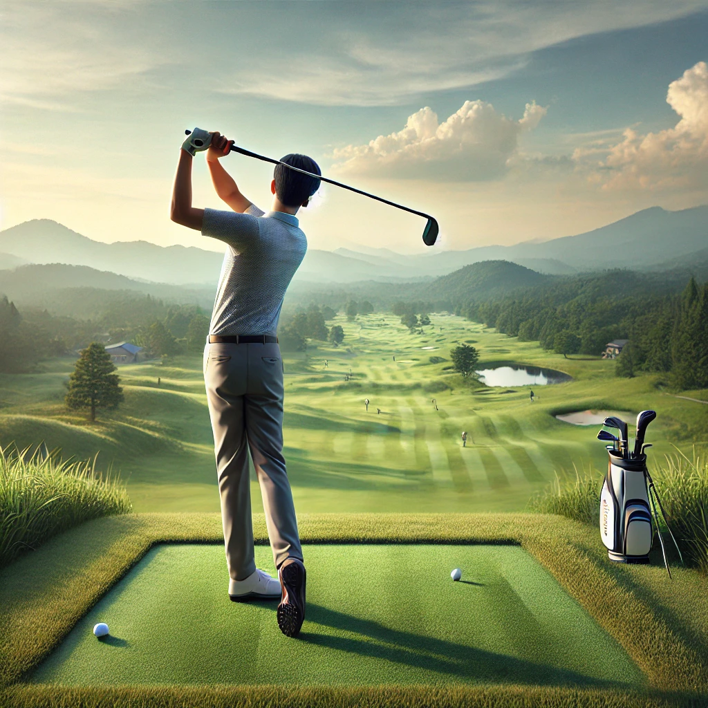 A-realistic-photograph-of-a-Japanese-golfer-on-a-green-golf-course-practicing-a-balanced-swing-that-emphasizes-both-hands-in-harmony.-The-golfer-is-w.webp