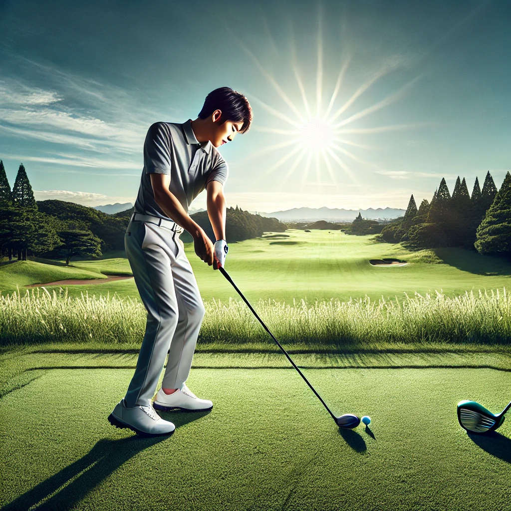 A-high-quality-realistic-photograph-of-a-Japanese-golfer-on-a-sunny-golf-course-demonstrating-the-balance-between-right-hand-and-left-hand-dominant-s.webp