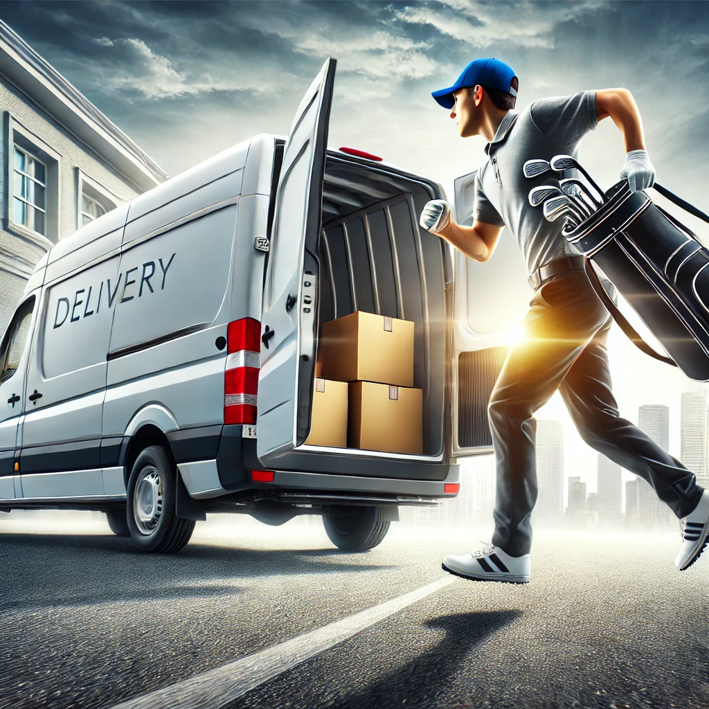 A-photo-realistic-illustration-of-a-courier-rushing-with-a-golf-bag-towards-a-delivery-van.-The-scene-emphasizes-urgency-showing-the-courier-in-unifo.webp