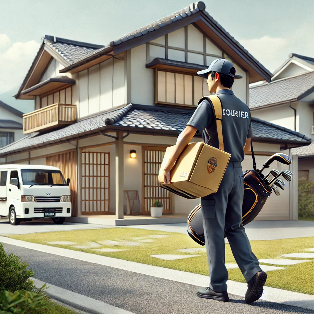 A-photo-realistic-illustration-of-a-courier-picking-up-a-golf-bag-from-a-modern-Japanese-house-for-home-collection.-The-scene-captures-a-professional-.webp