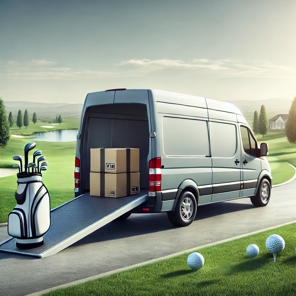 A-realistic-photo-like-illustration-of-a-courier-van-with-a-golf-bag-being-unloaded-at-a-golf-course.-The-scene-emphasizes-the-timeline-for-delivery-w.webp