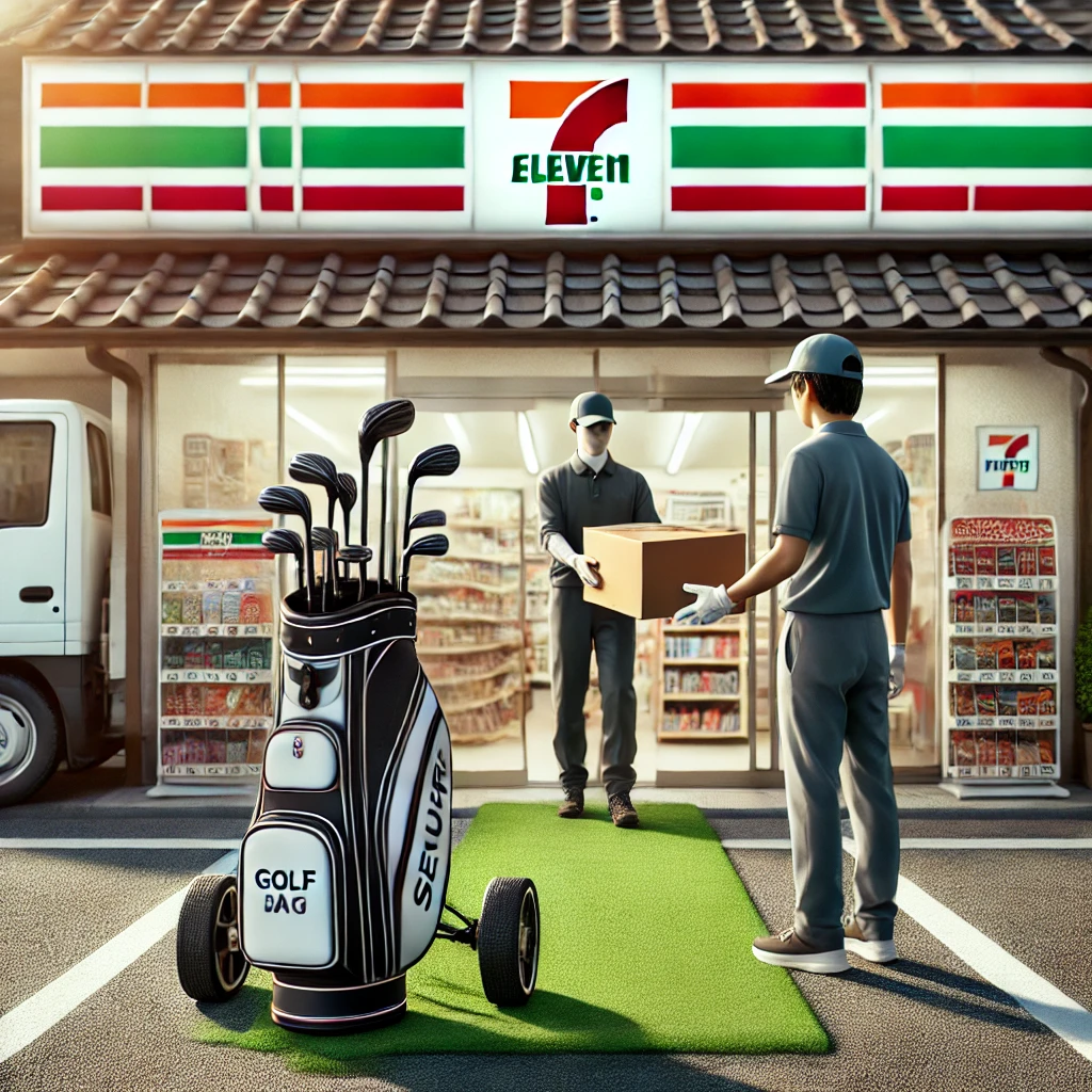 A-photo-realistic-illustration-of-a-golf-bag-being-handed-over-to-a-courier-at-a-brightly-lit-Seven-Eleven-convenience-store-in-Japan.-The-scene-captu.webp